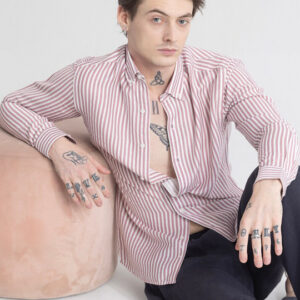 Snitch Mauve Colour & White Striped Classic Slim Fit Opaque casual shirt