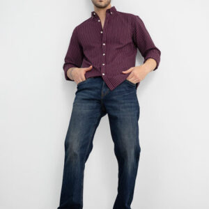 Maroon Classic Striped Button-Down Collar Slim Fit Cotton Casual Shirt