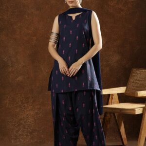 Anouk Women Cotton Printed Notch Neck Straight Kurti Farshi Salwar with Dupatta