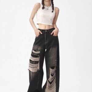StyleCast Women Wide Leg Mid-Rise Highly Distressed Cotton Jeans